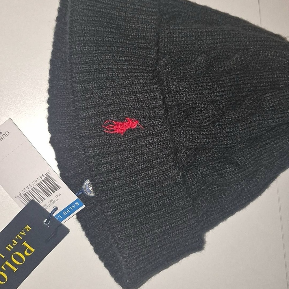 Polo by Ralph Lauren Black Knit Beanie with Red Pony Logo